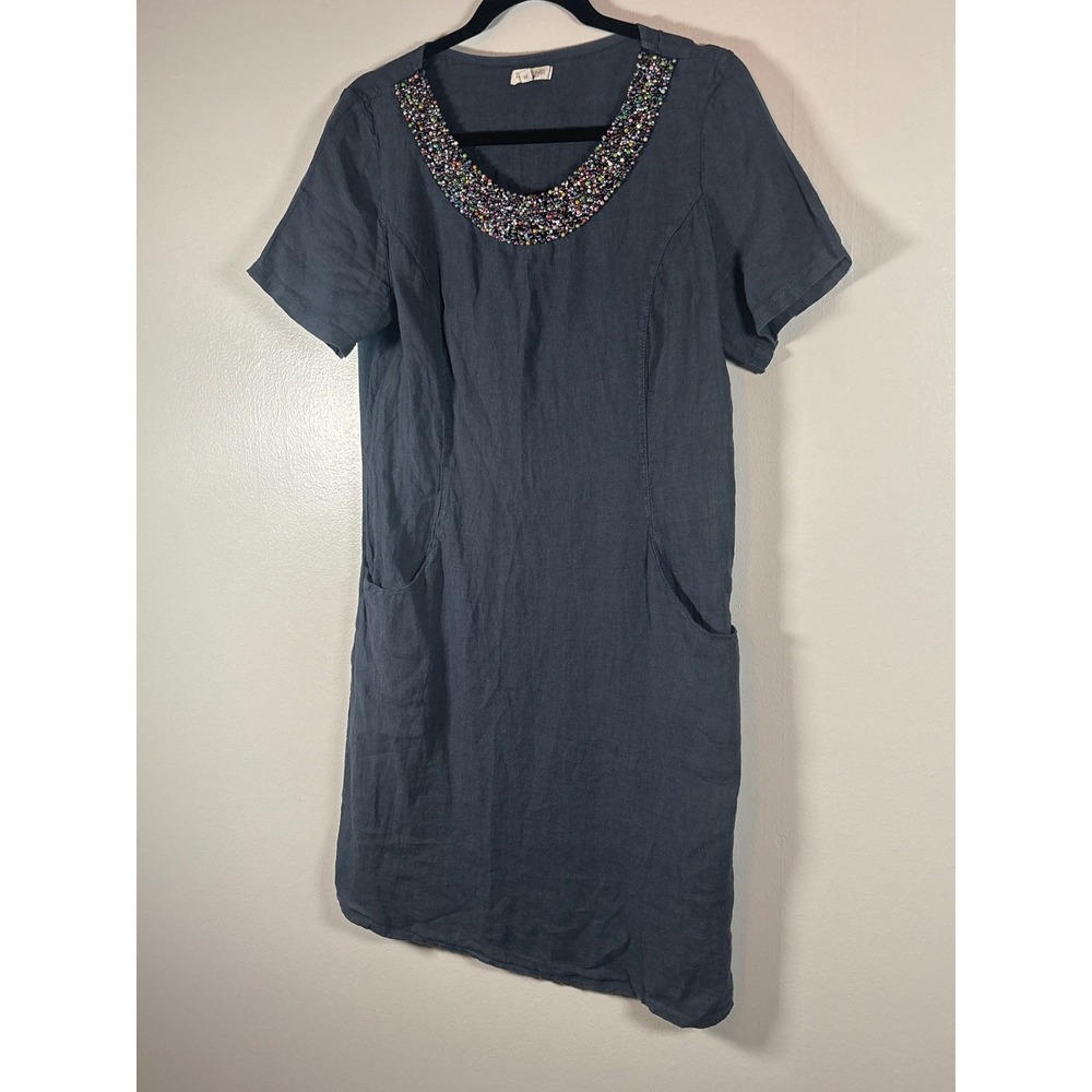 Lina Tomei Italy Blue Gray Linen Beaded Neckline Dress Women's Short Sleeve M‎